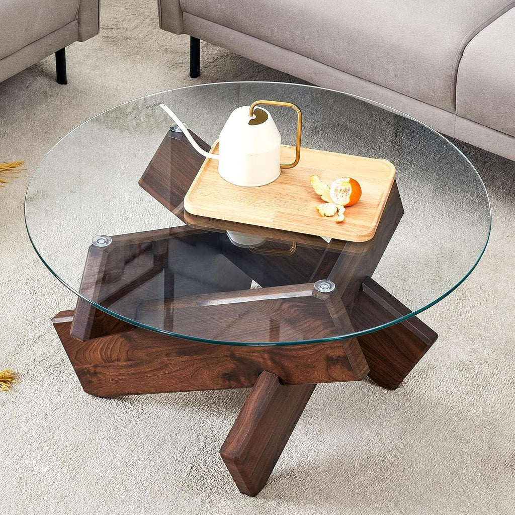 Walnut Round Glass Tempered Coffee Table 33.4I nches-2