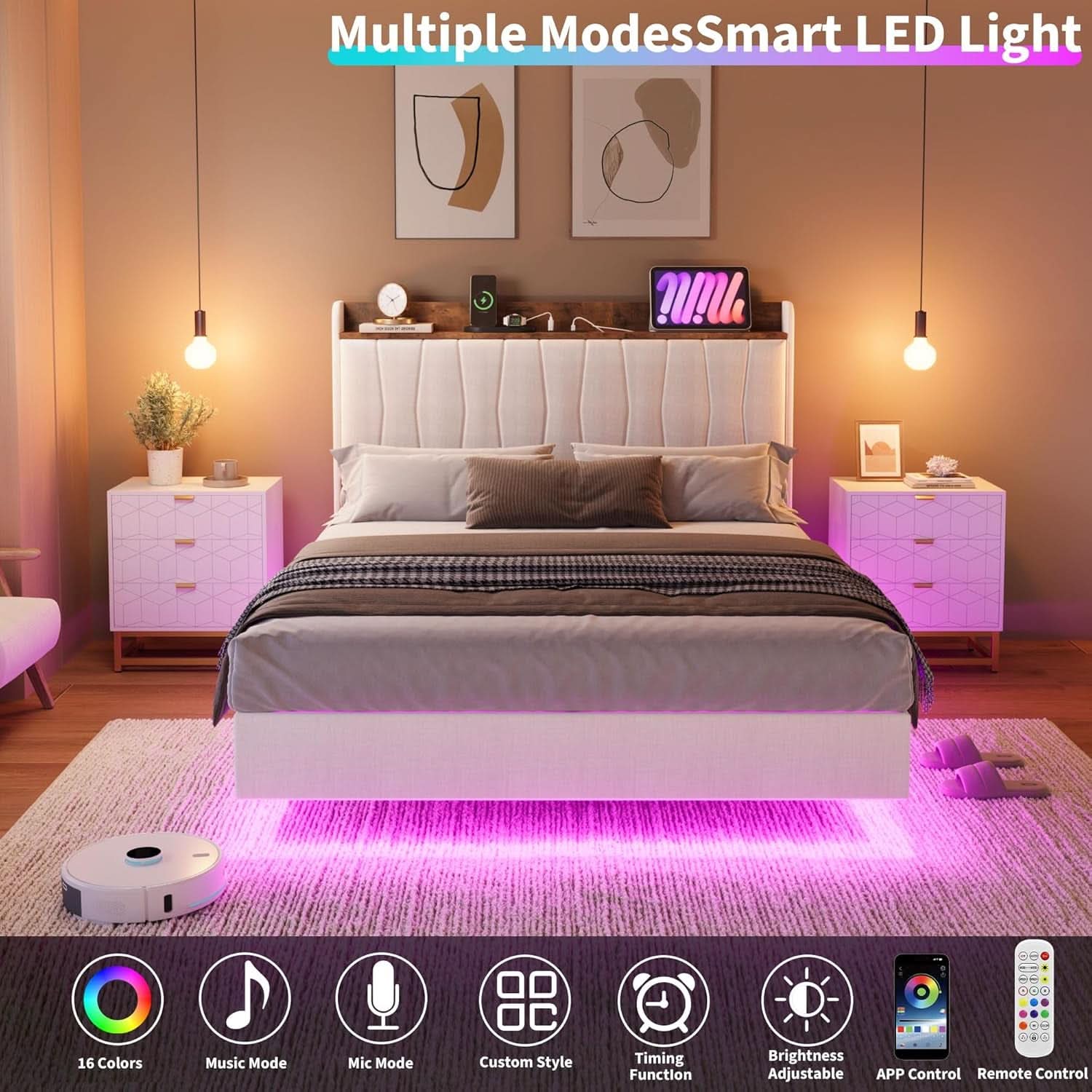 Floating King Bed Frame With LED Headboard Lighting