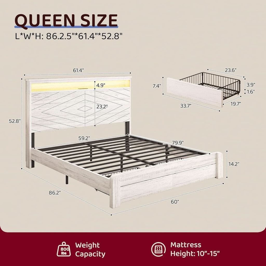 Queen Platform Bed Frame With Storage Drawers USB Charging LED
