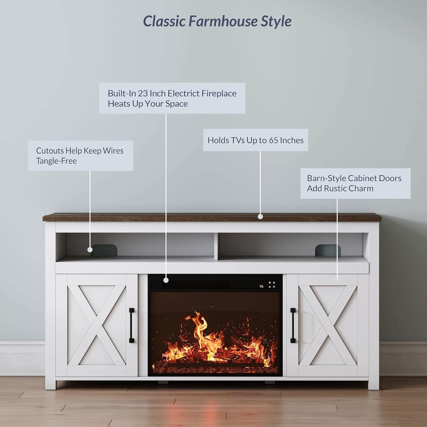 58 Inch White Farmhouse Fireplace TV Stand Cabinet-3