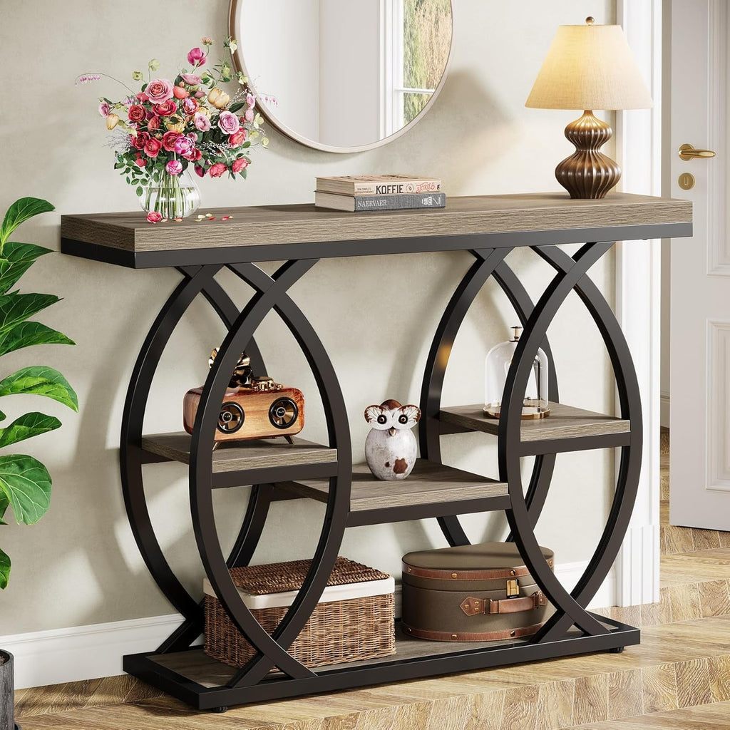 Grey Industrial 39.4in Narrow Console Table Storage-0