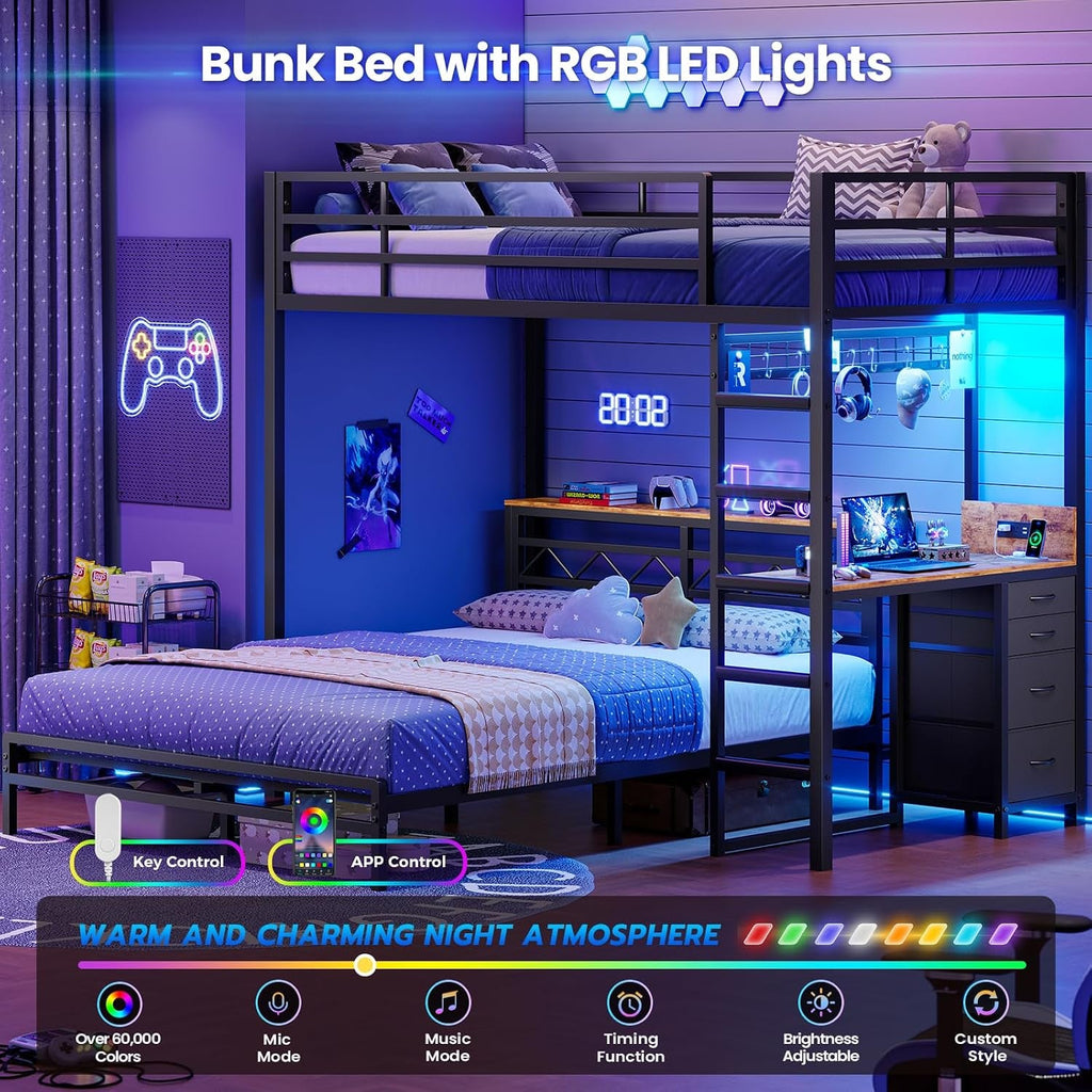 Twin Over Full Metal Bunk Bed Desk Storage LED Charging Station
