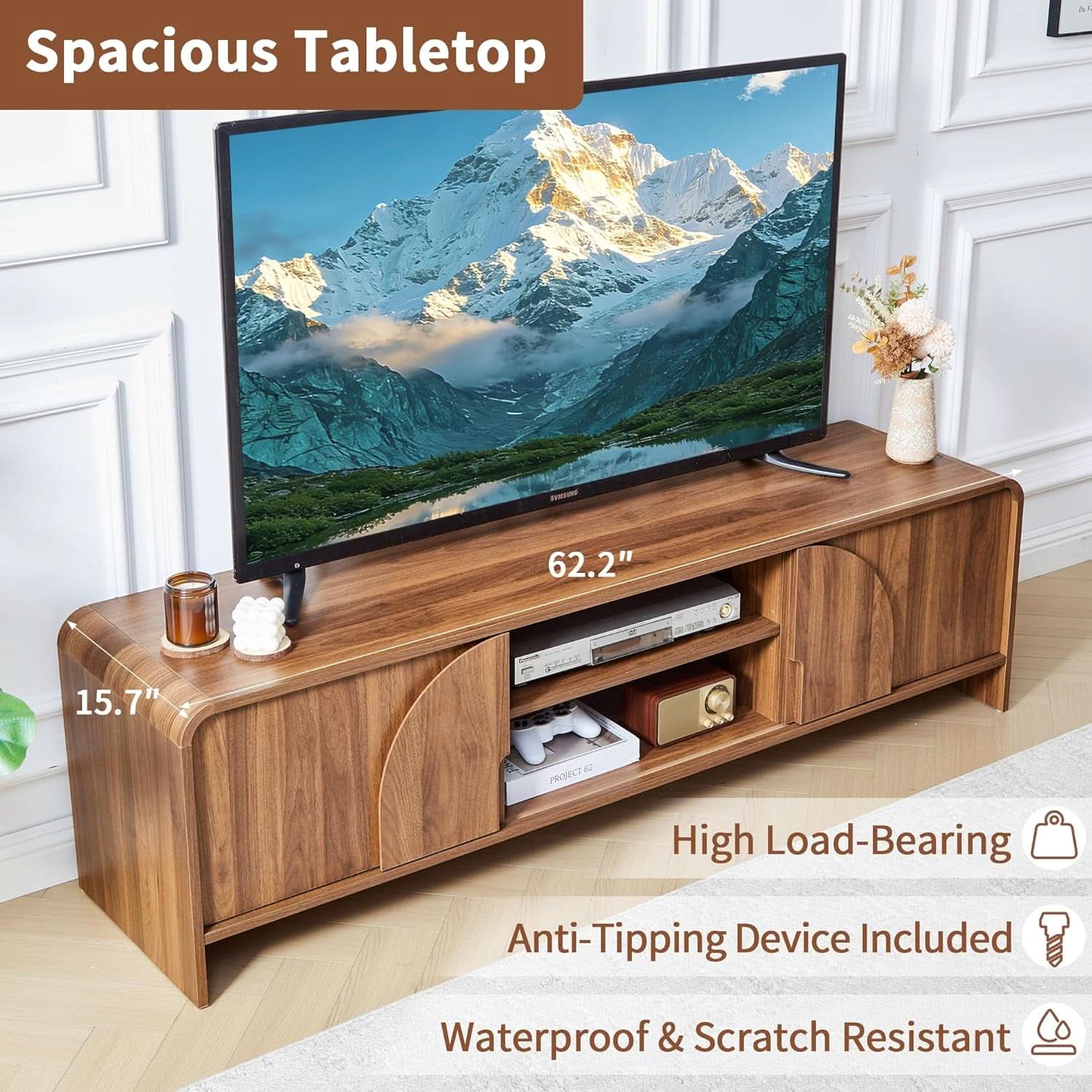 Walnut 63 Inch TV Stand Sliding Doors Entertainment-2