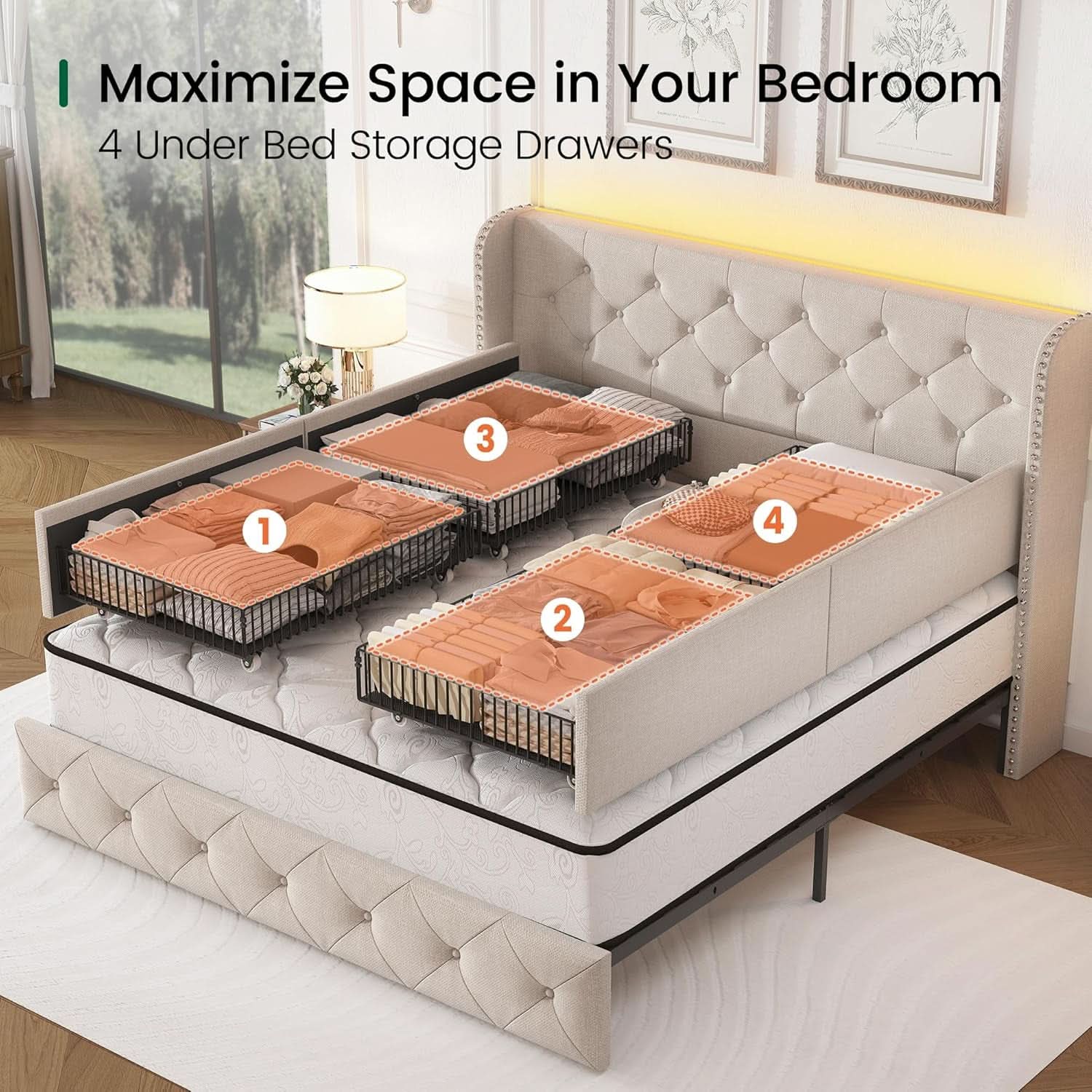 Queen Upholstered Platform Bed Frame Integrated LEDs