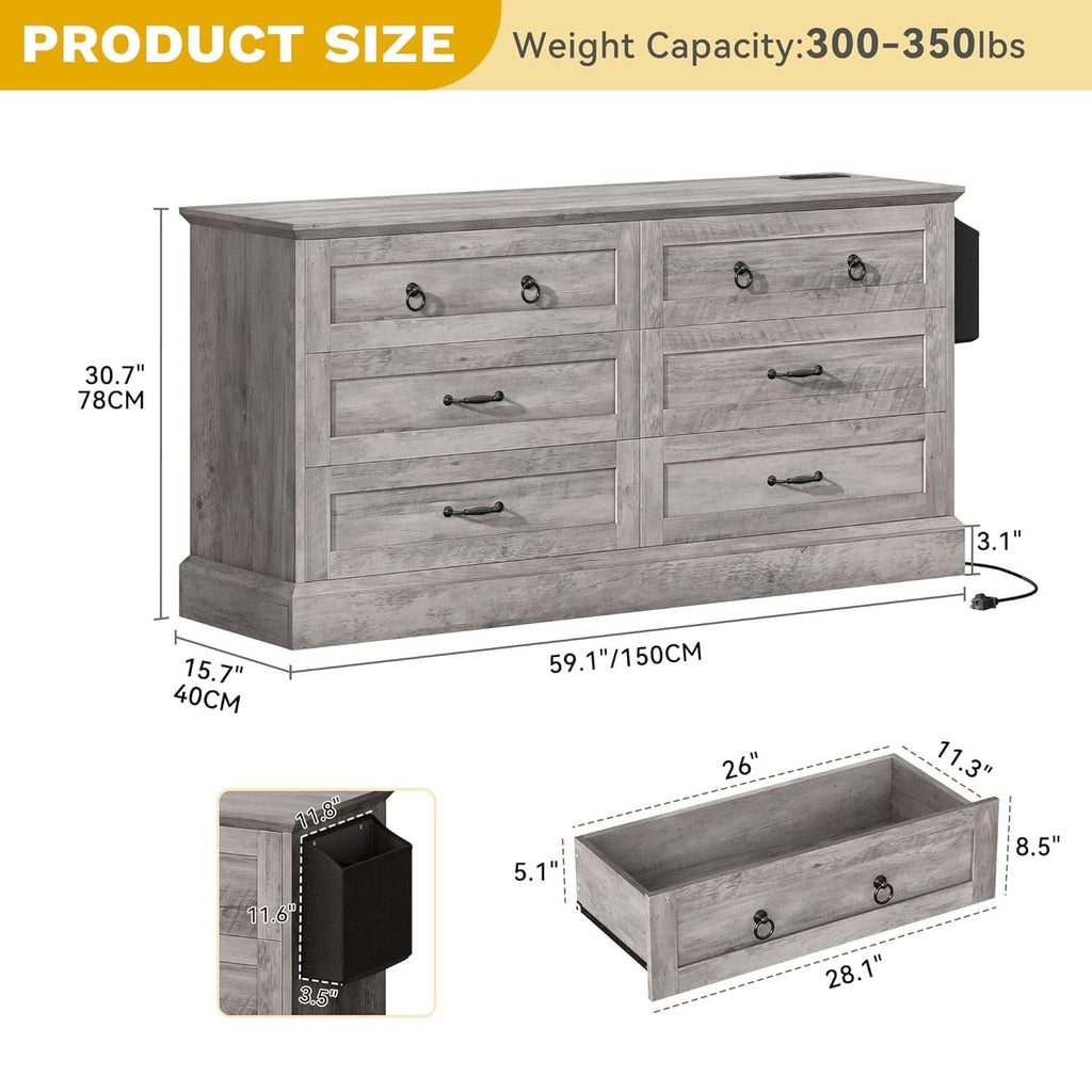Grey Farmhouse 6 Drawer Dresser 59 Inch Wide With Air Purifier-1