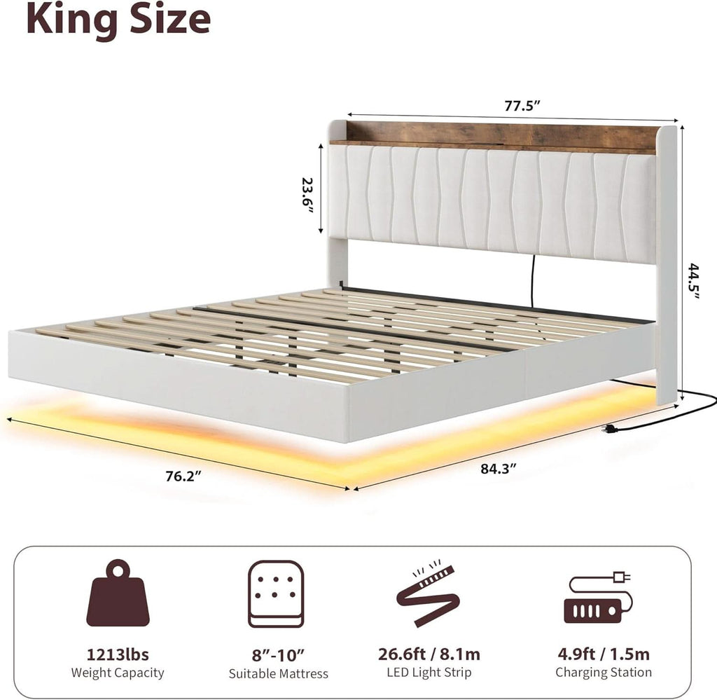 Floating King Bed Frame With LED Headboard Lighting