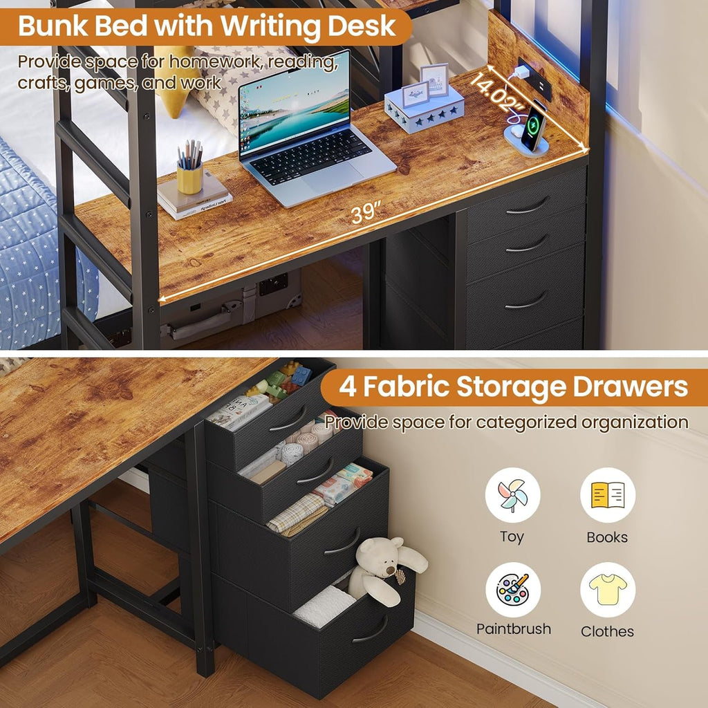 Twin Over Full Metal Bunk Bed Desk Storage LED Charging Station