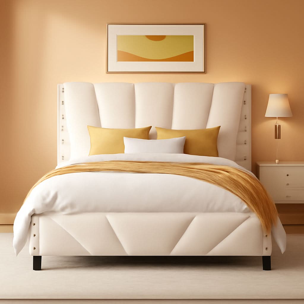 Queen Size Beige Velvet Upholstered Headboard Bed Frame