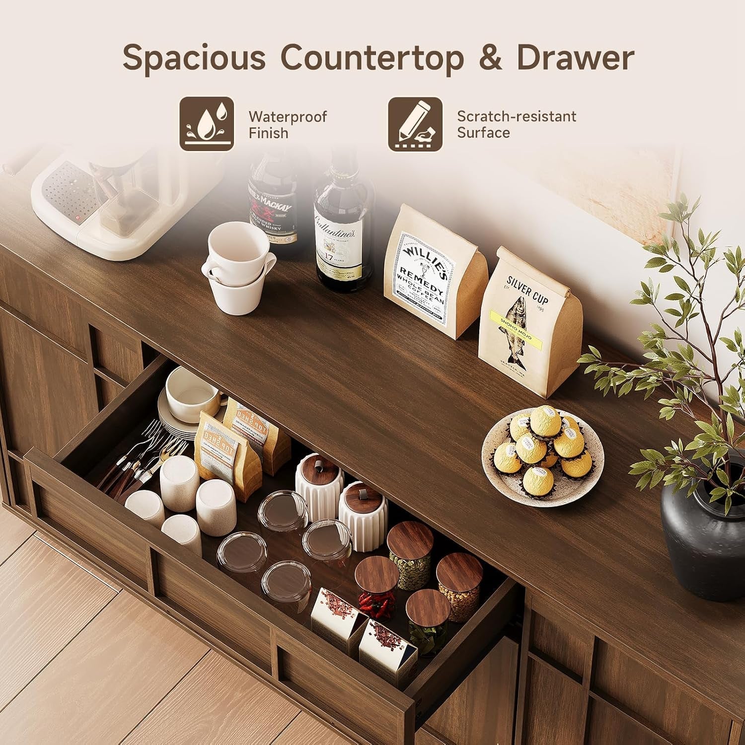 Walnut 55Inch Buffet Cabinet Storage Sideboard Unit-3
