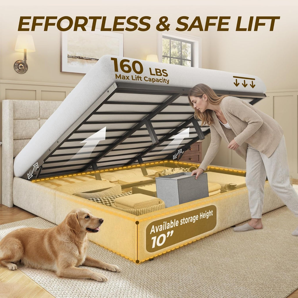 King Size Storage Bed Frame Beige Textured Upholstered