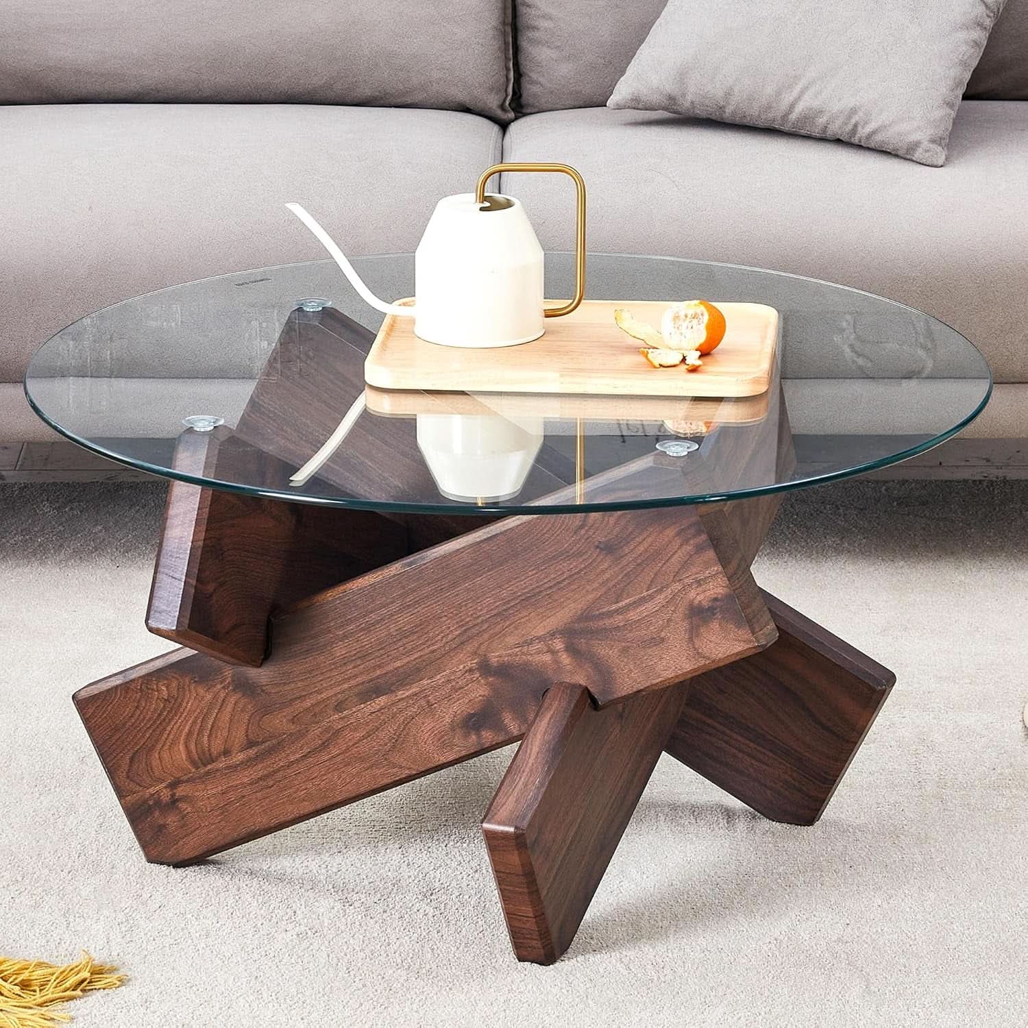 Walnut Round Glass Tempered Coffee Table 33.4I nches-0