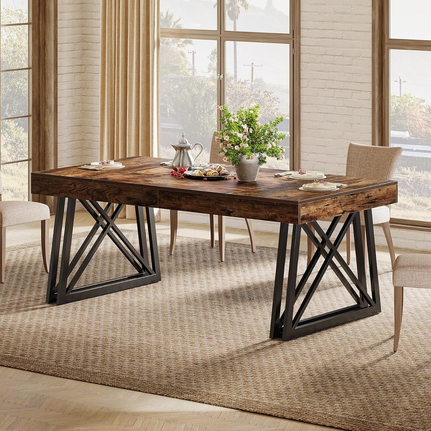 Industrial Style Brown Farmhouse Dining Table Metal Legs