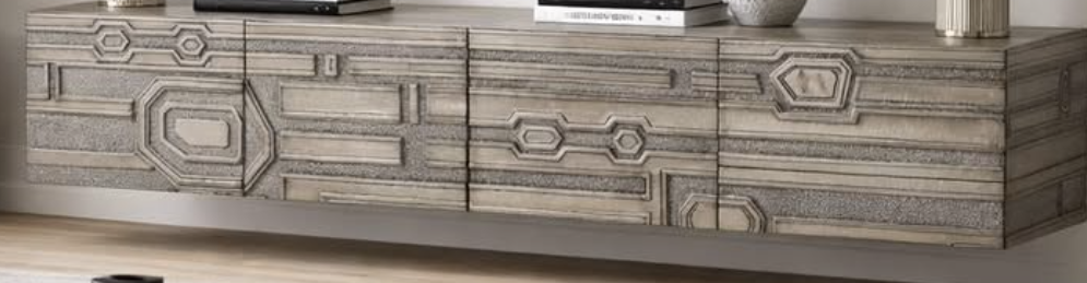 Floating Media Console – Carved Gray Oak (Wall-Mount)