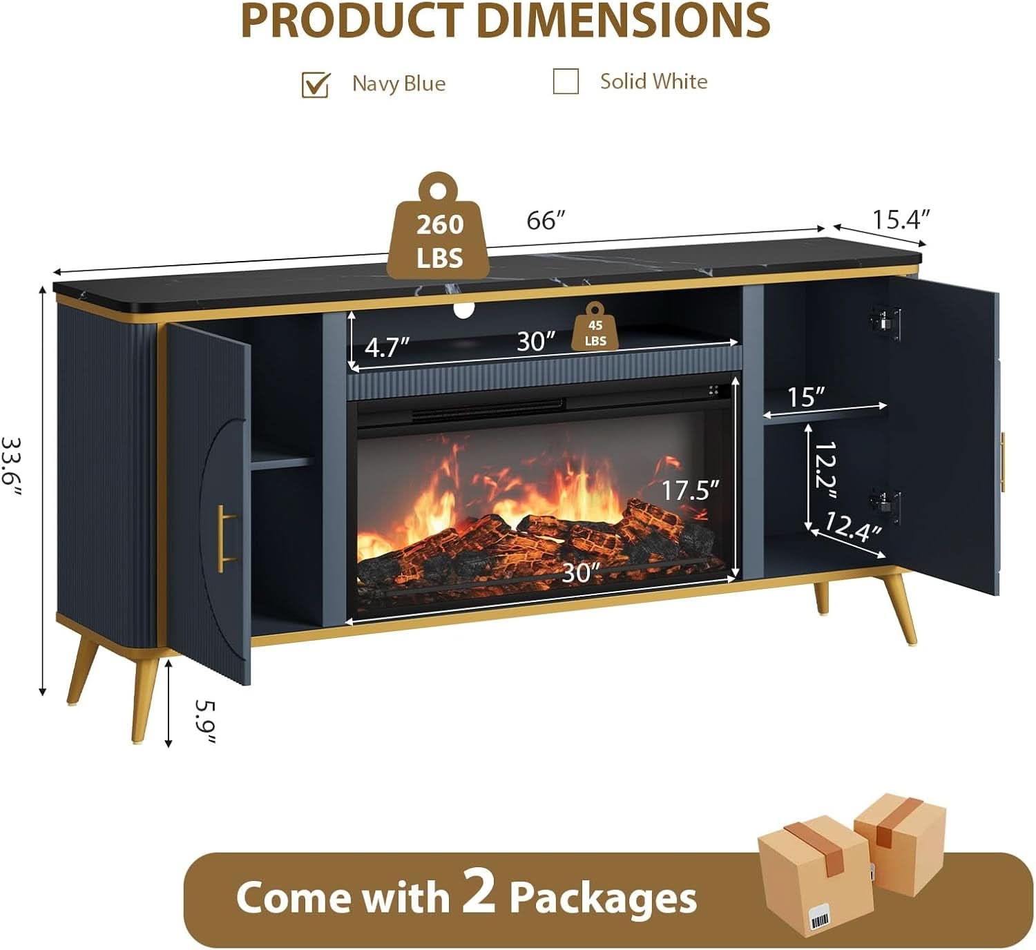 Fluted Fireplace TV Stand Navy Sophisticated Marble-2