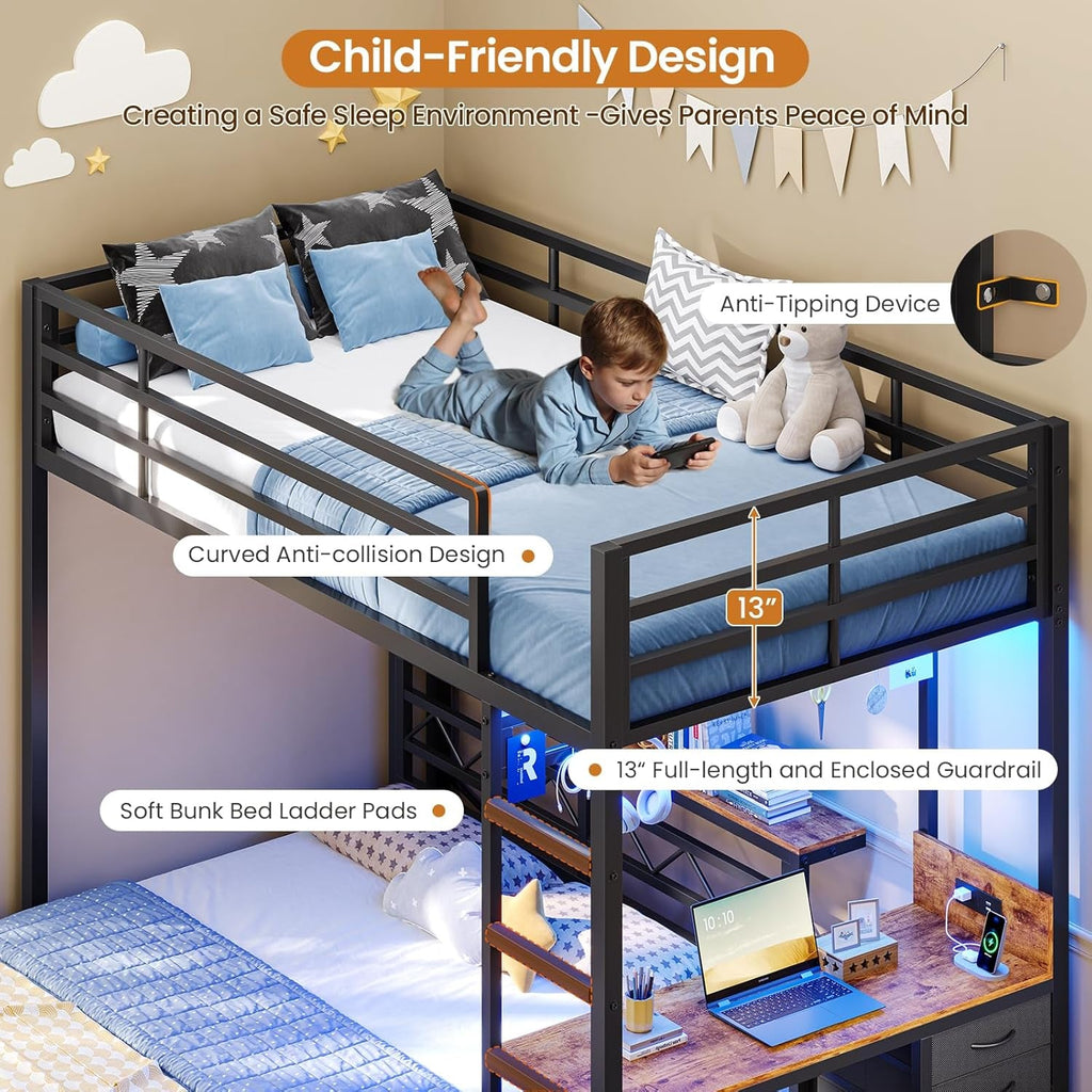 Twin Over Full Metal Bunk Bed Desk Storage LED Charging Station
