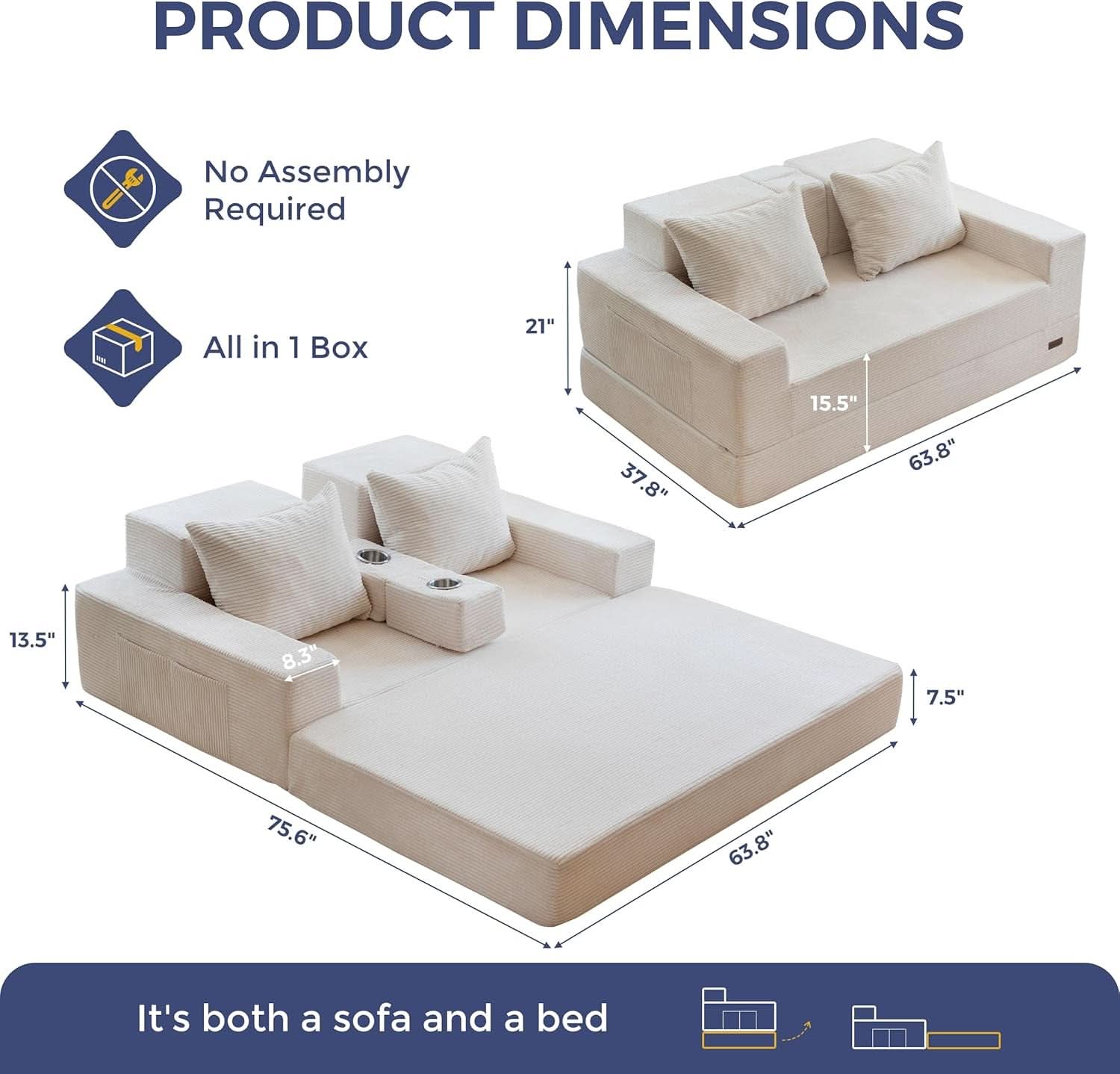 Beige Foldable Convertible Sleeper Sofa With CupHolders-1