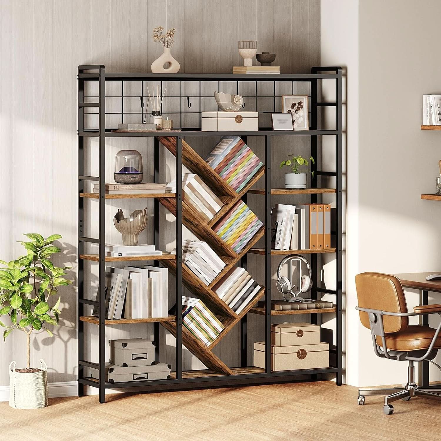 Sturdy 6 Tier Industrial Bookcase Integrated Display