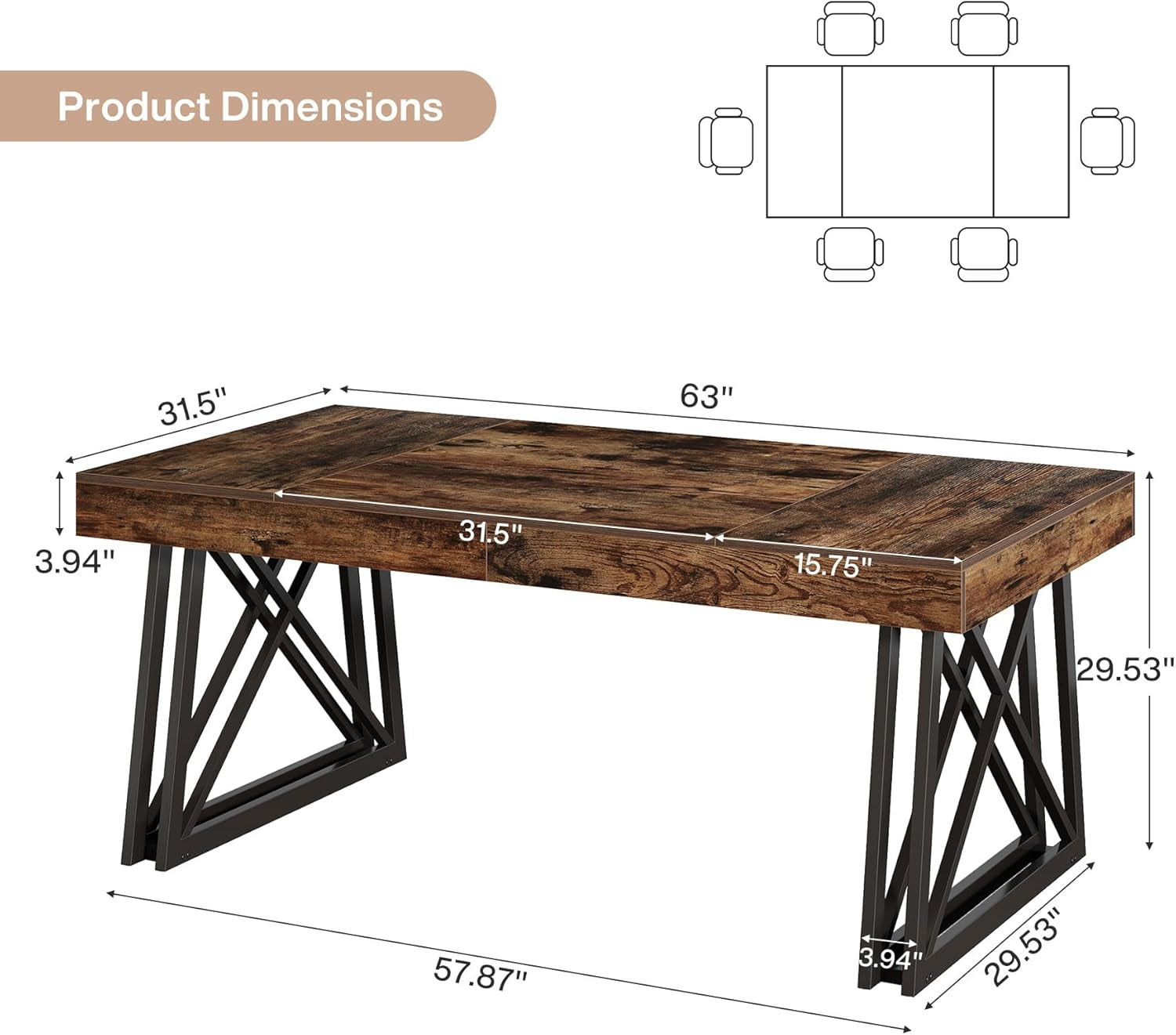 Industrial Style Brown Farmhouse Dining Table Metal Legs