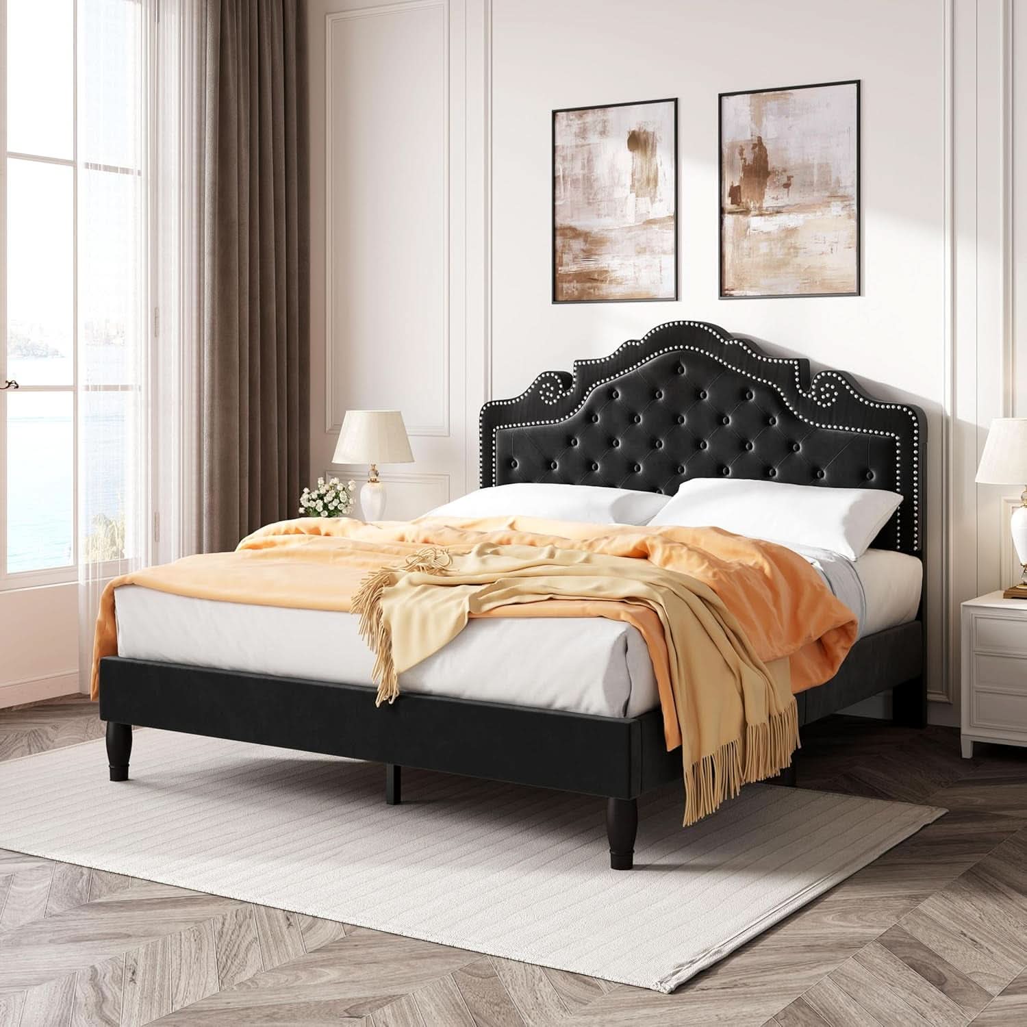 Queen Bed Frame With Adjustable Headboard BlackVelvet-2