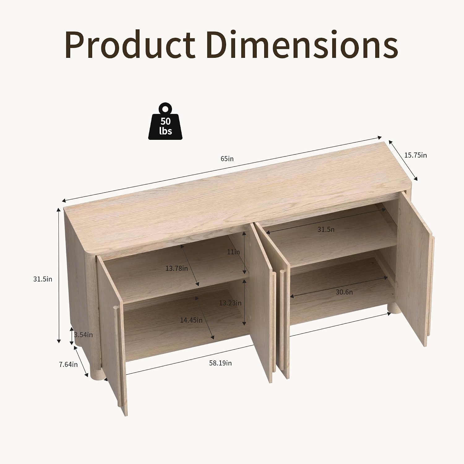 SixtyFiveInch Natural Walnut Sideboard Cabinet Storage Solution