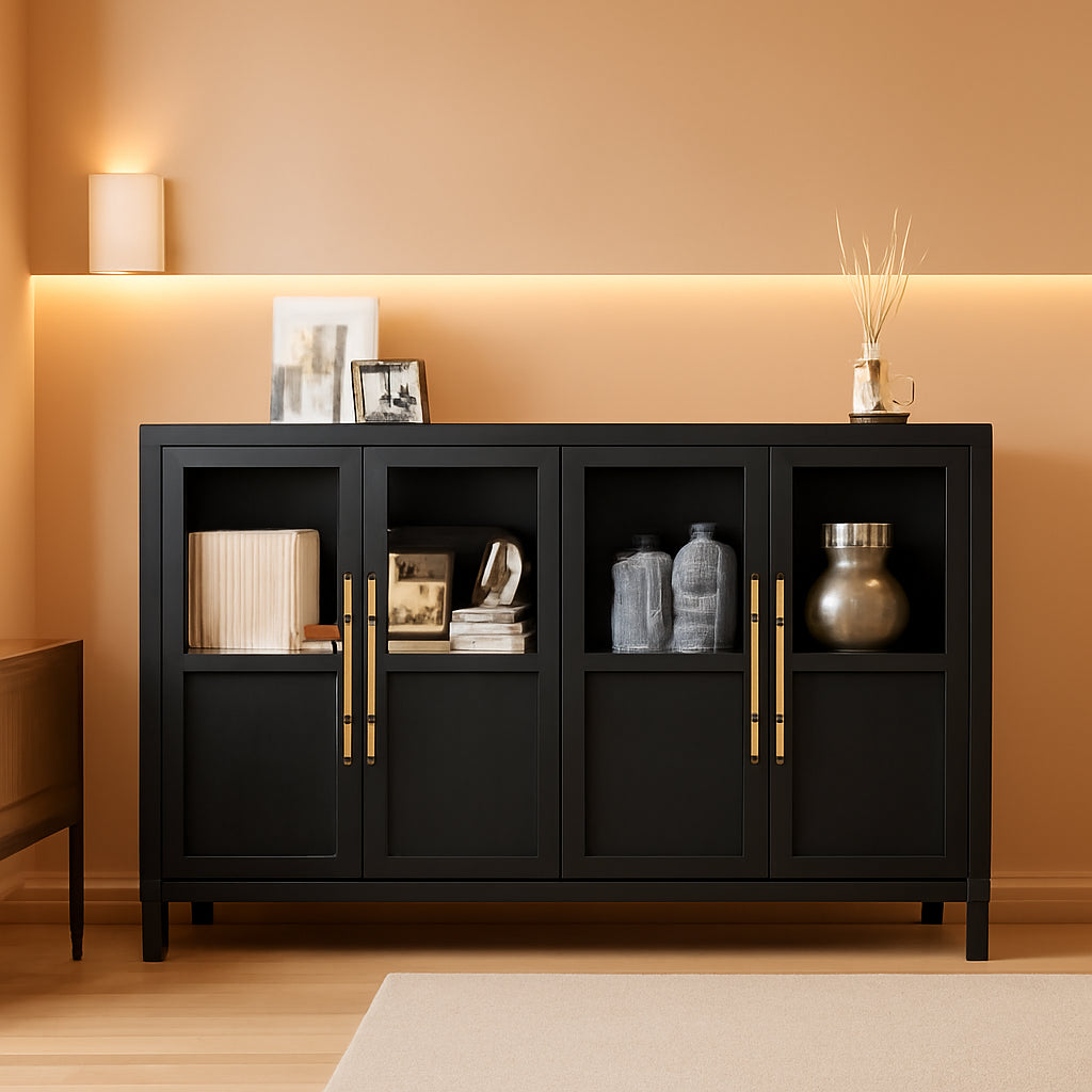 Glass Door Sideboard Cabinet 55Inch Contemporary Walnut-0