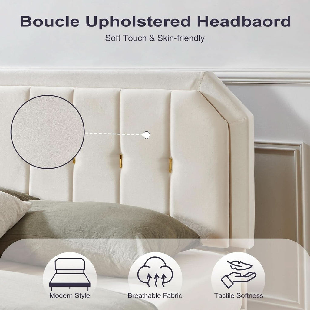 Queen Velvet Bed Frame Beige Upholstered Headboard