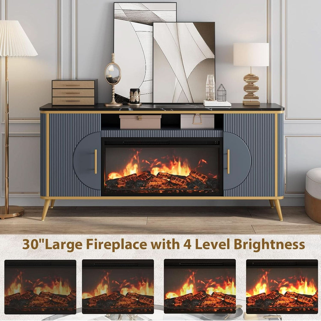 Fluted Fireplace TV Stand Navy Sophisticated Marble-4