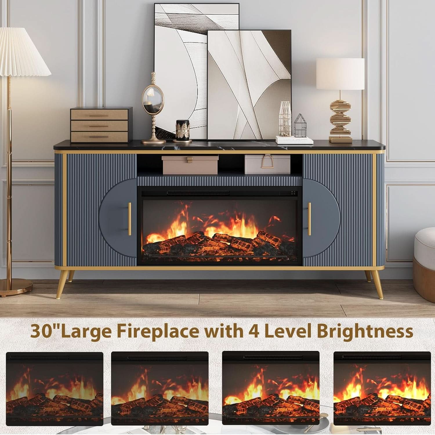 Fluted Fireplace TV Stand Navy Sophisticated Marble-4
