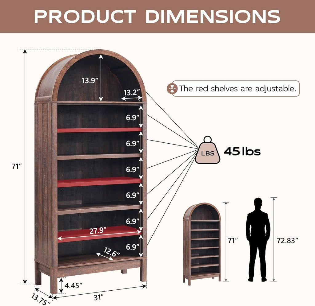 Tall Arched Brown Finish Bookcase With Adjustable Shelves