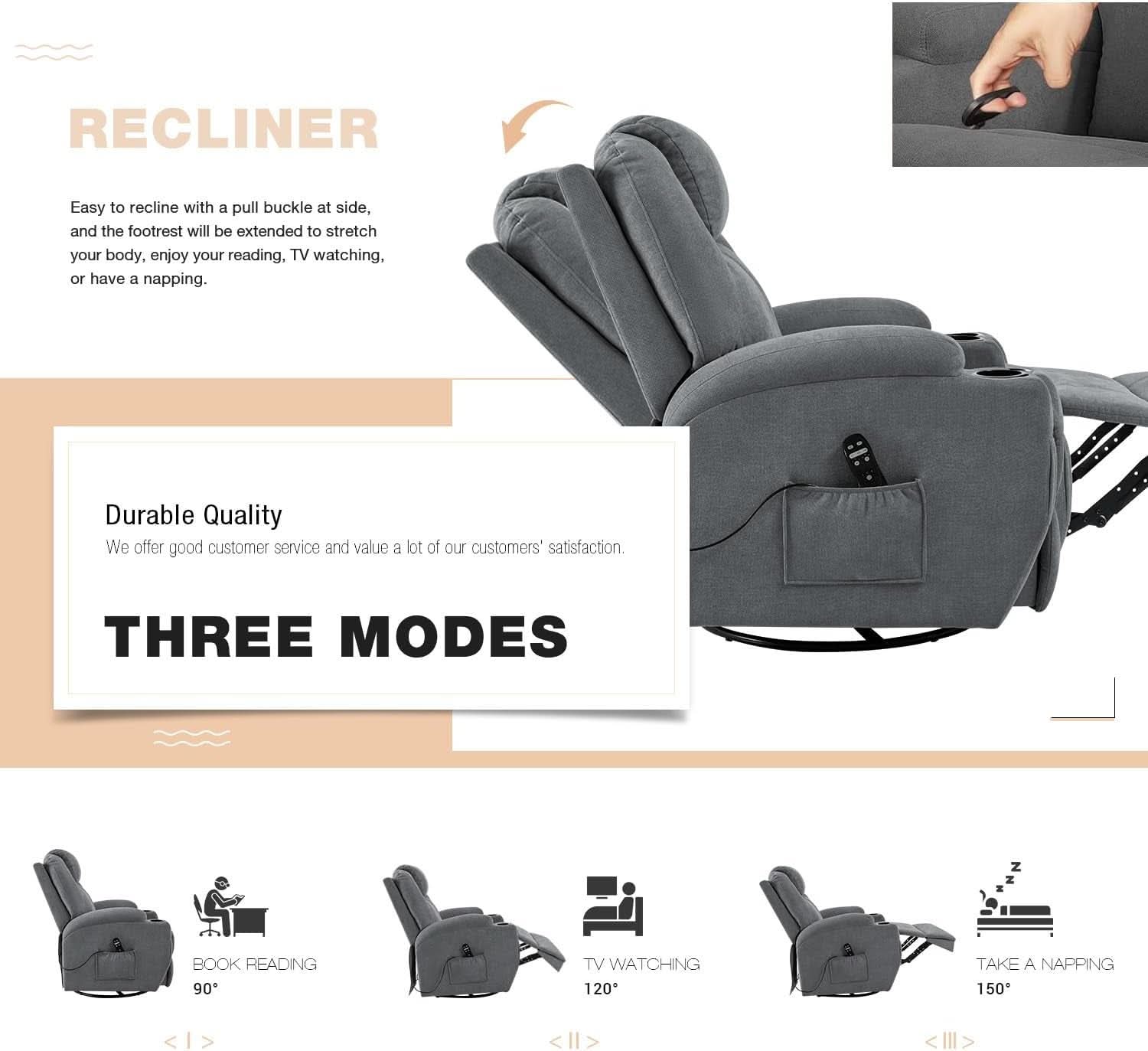 Gray Massaging Recliner With Cupholders Extendable Footrest