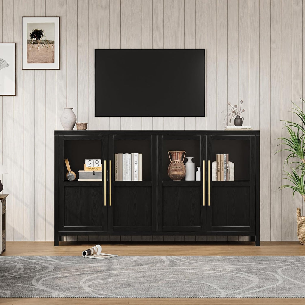 Glass Door Sideboard Cabinet 55Inch Contemporary Walnut-4