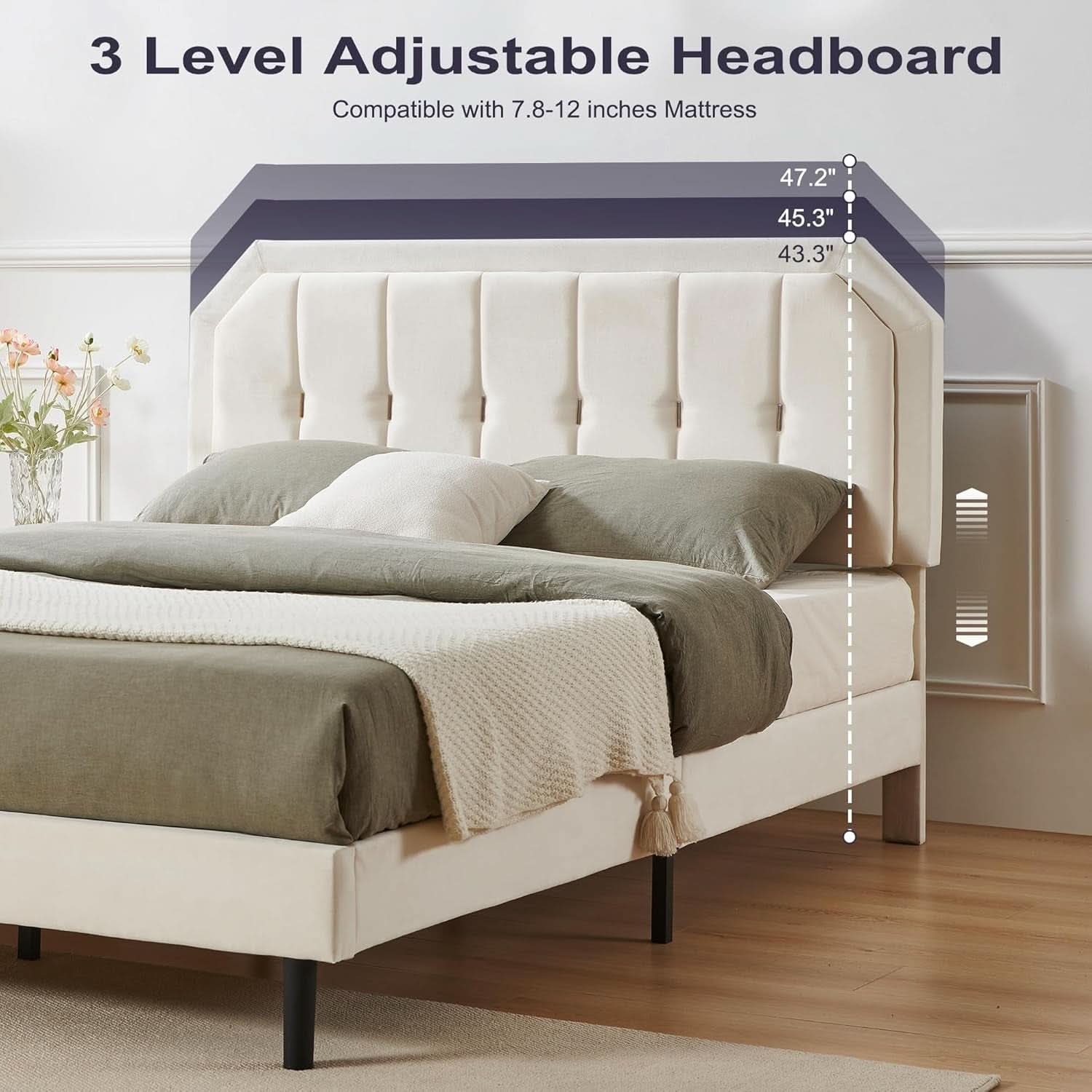 Queen Velvet Bed Frame Beige Upholstered Headboard