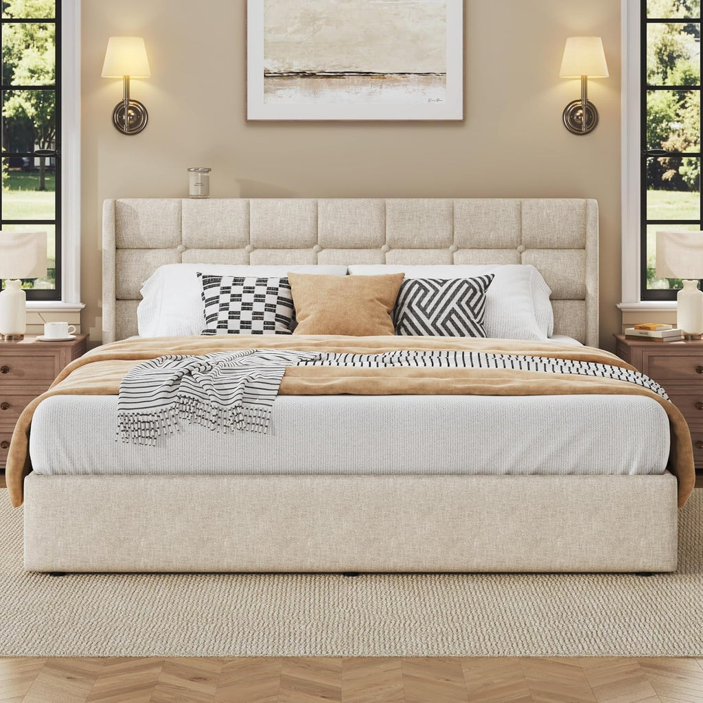 King Size Storage Bed Frame Beige Textured Upholstered
