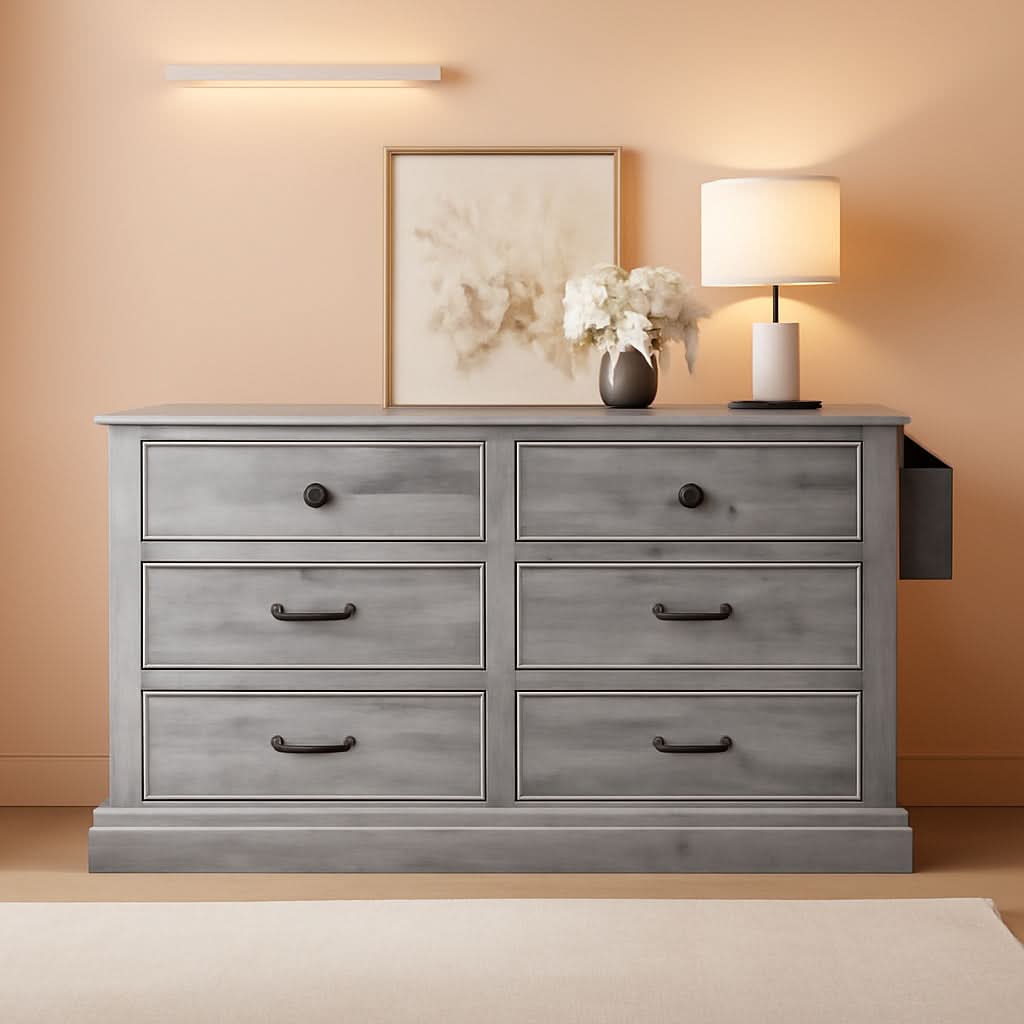 Grey Farmhouse 6 Drawer Dresser 59 Inch Wide With Air Purifier-0