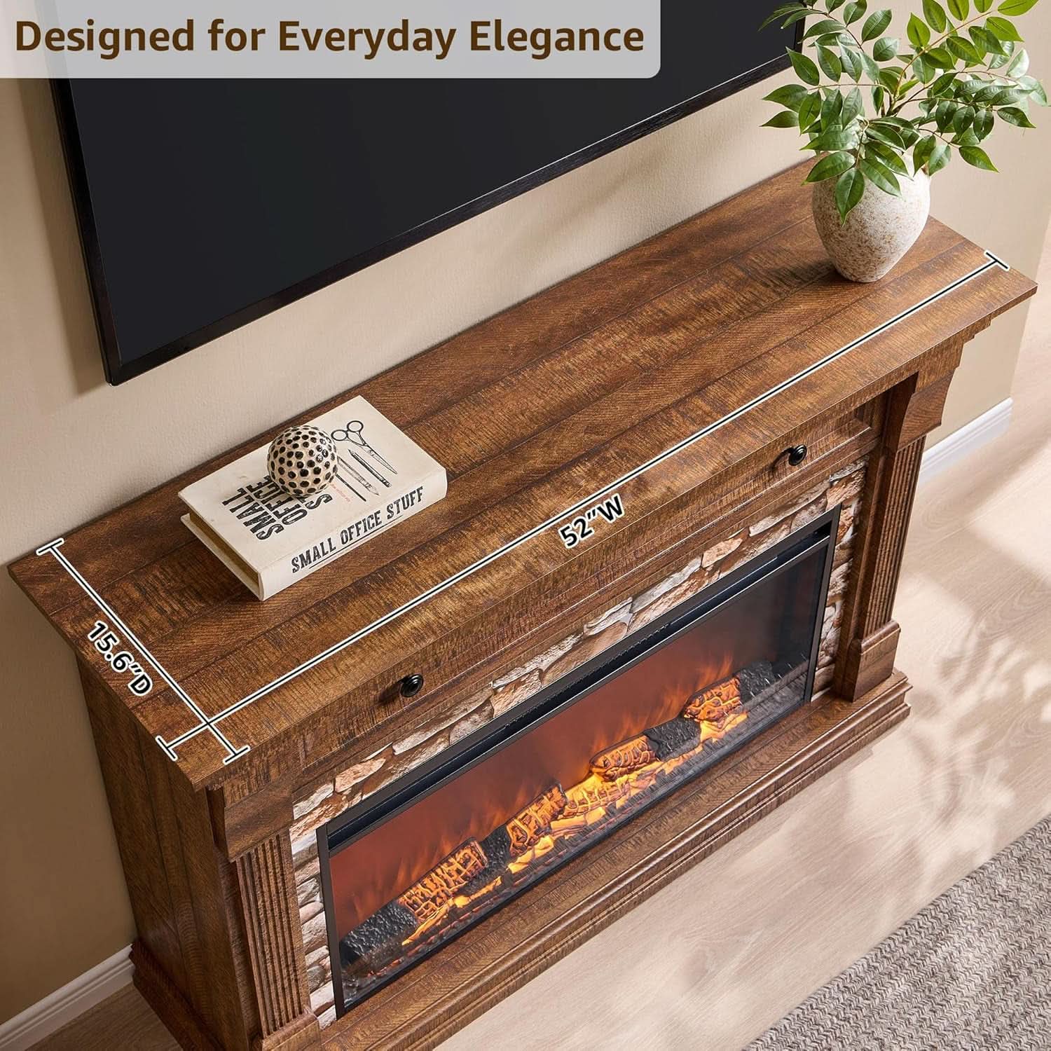 52 Inch Farmhouse Electric TV Stand Brown Wood Finish-3