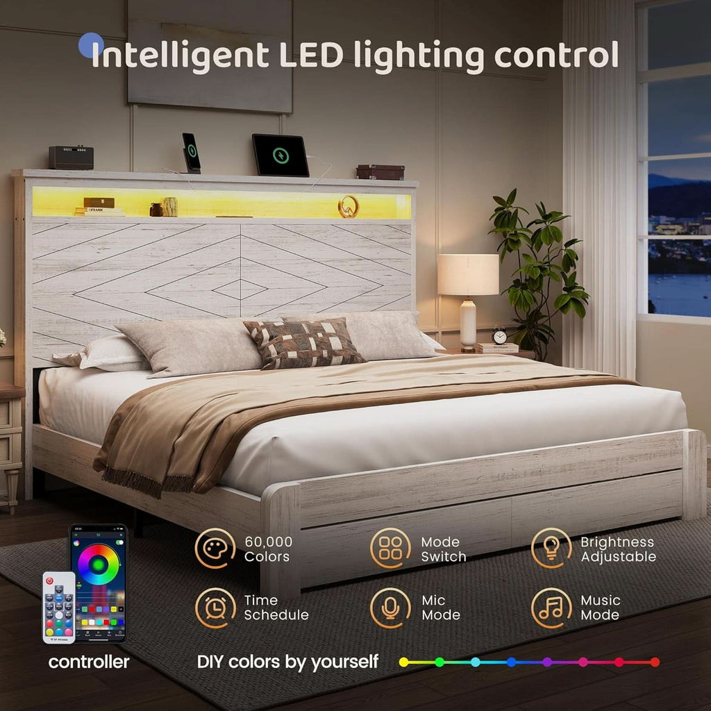 Queen Platform Bed Frame With Storage Drawers USB Charging LED