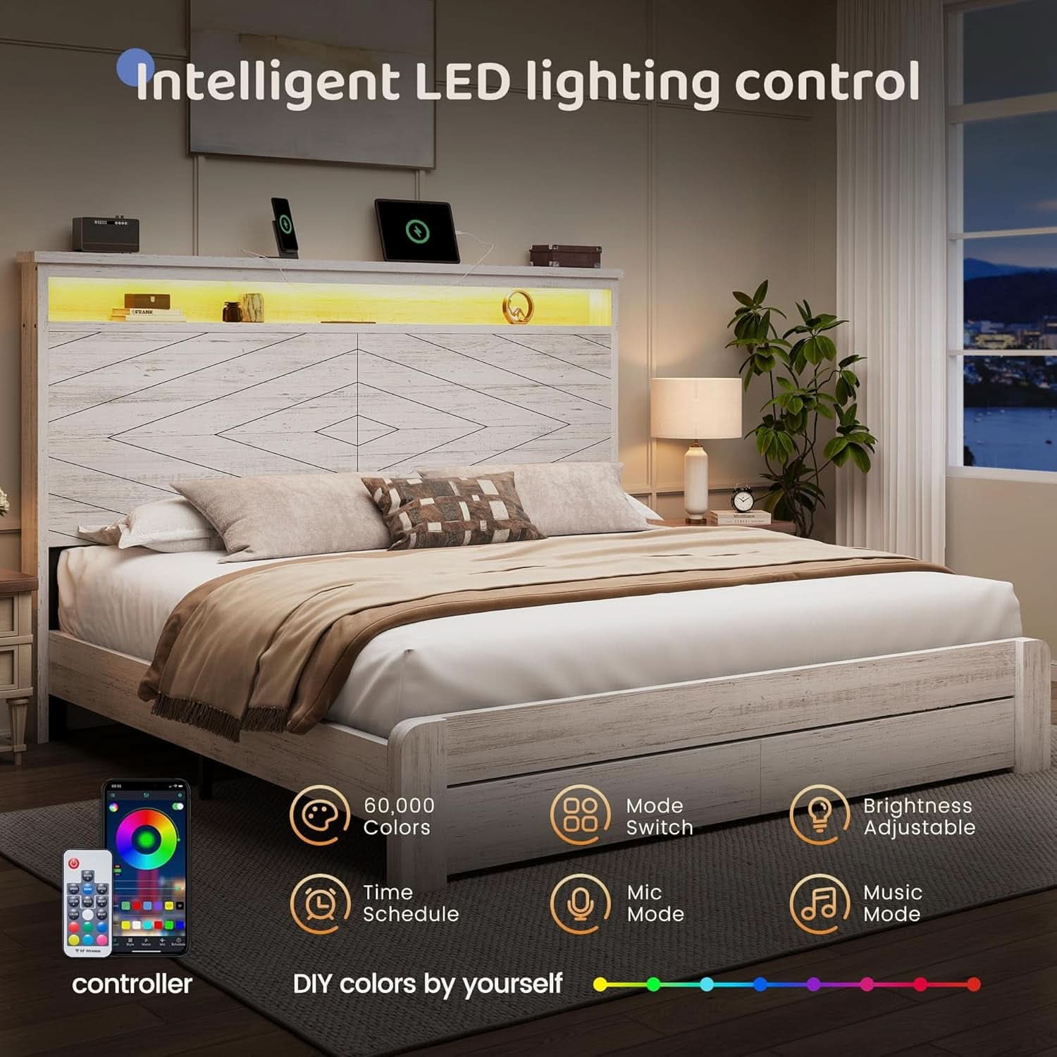 Queen Platform Bed Frame With Storage Drawers USB Charging LED