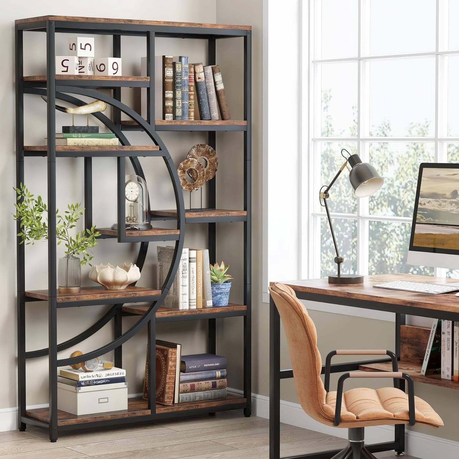 Industrial 5 Tier Etagere Bookcase Brown Rustic Finish