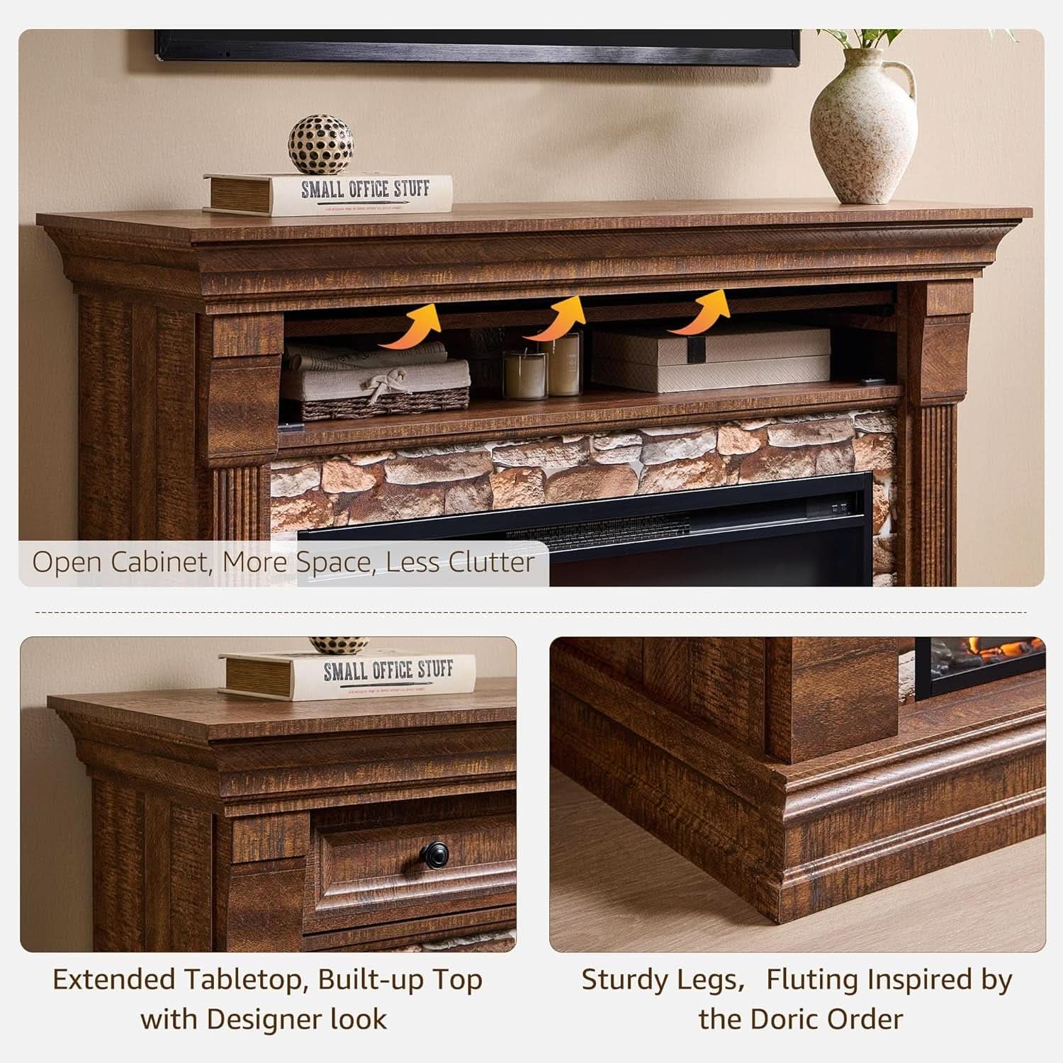 52 Inch Farmhouse Electric TV Stand Brown Wood Finish-4