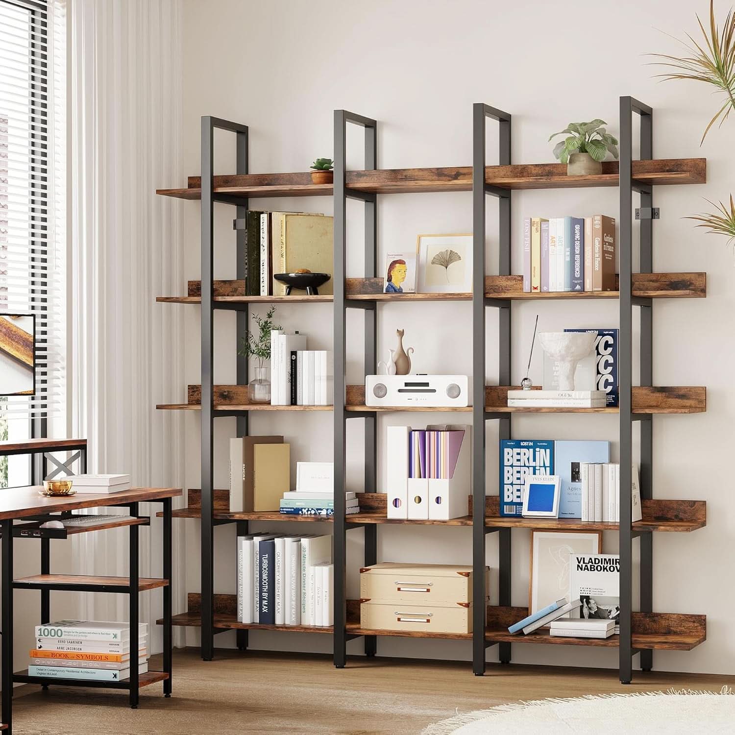 Triple Wide Floorstanding Large Bookcase Vintage Brown