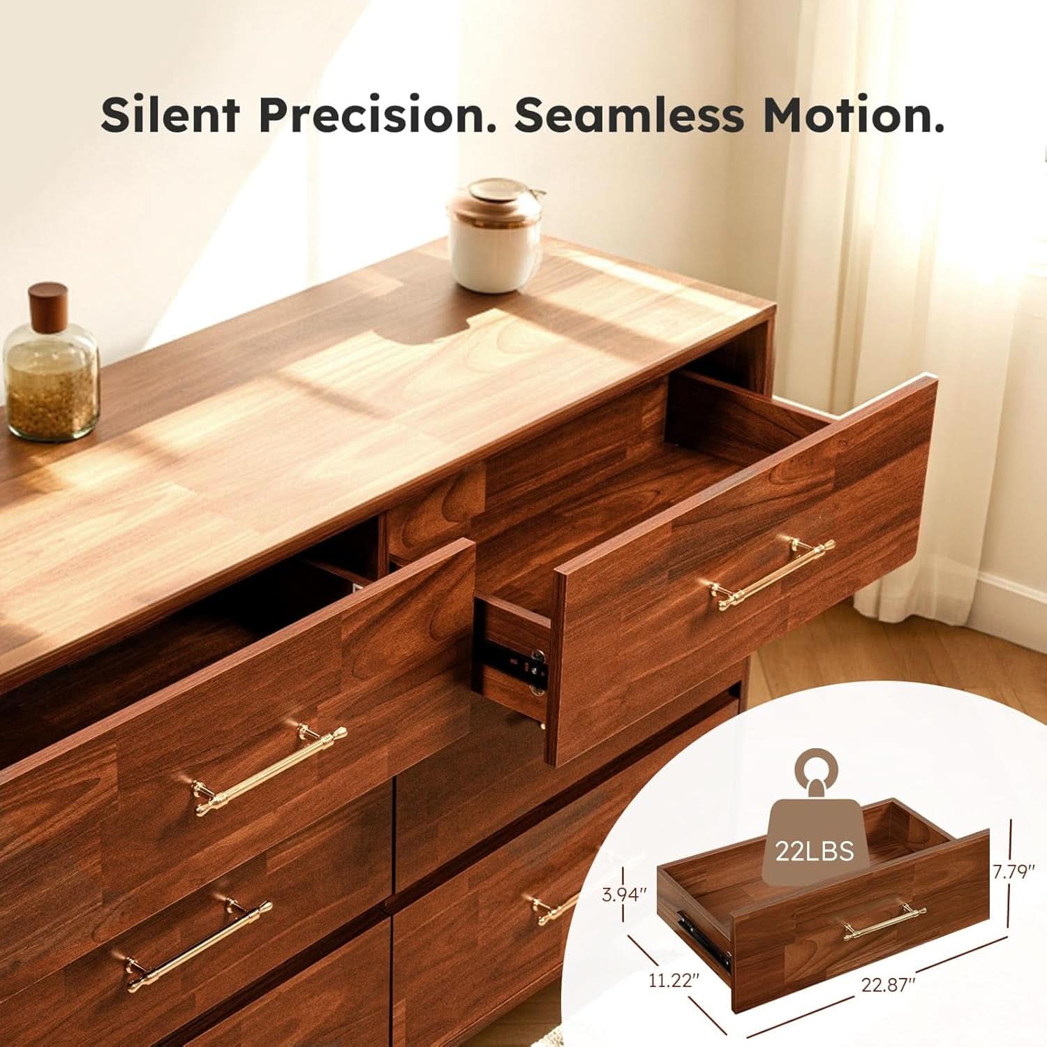 Walnut Dresser Six Drawer Storage Organizer Cabinet