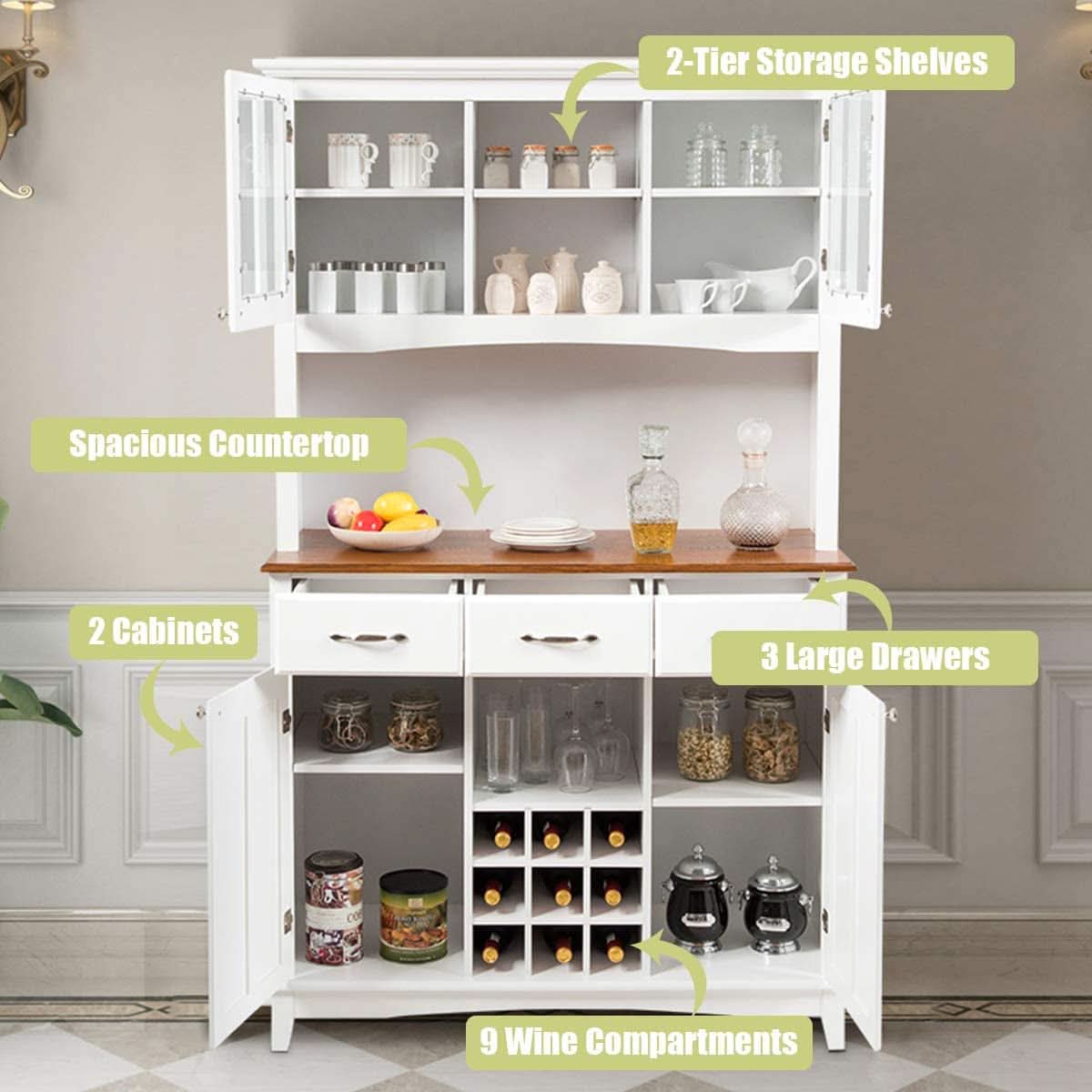 White Kitchen Hutch Sideboard With Built In Wine Rack-3