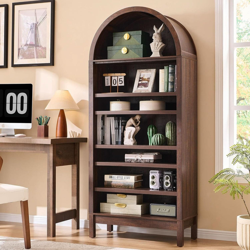 Tall Arched Brown Finish Bookcase With Adjustable Shelves
