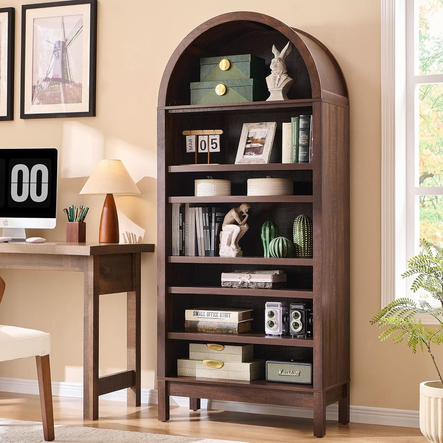 Tall Arched Brown Finish Bookcase With Adjustable Shelves