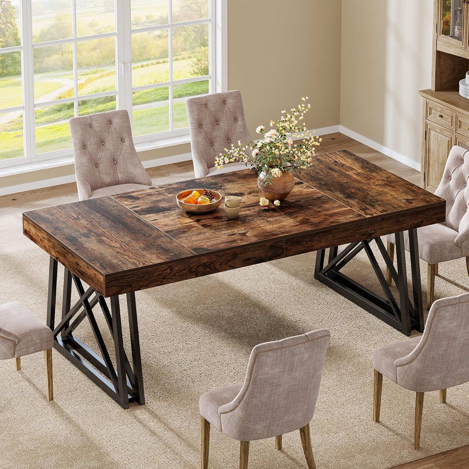 Industrial Style Brown Farmhouse Dining Table Metal Legs