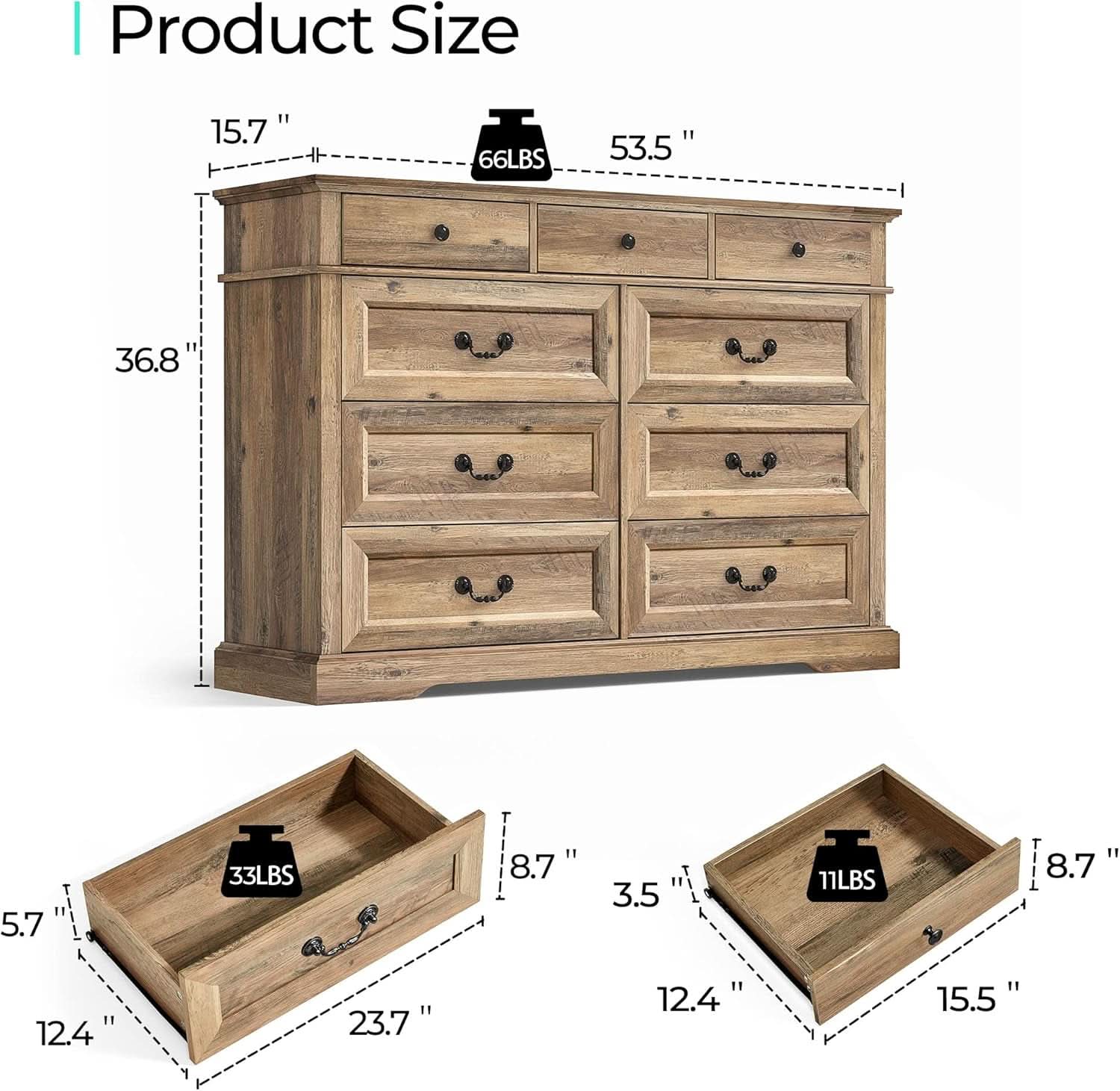 Nine Drawer Dresser Handcrafted Rustic Oakwood Finish