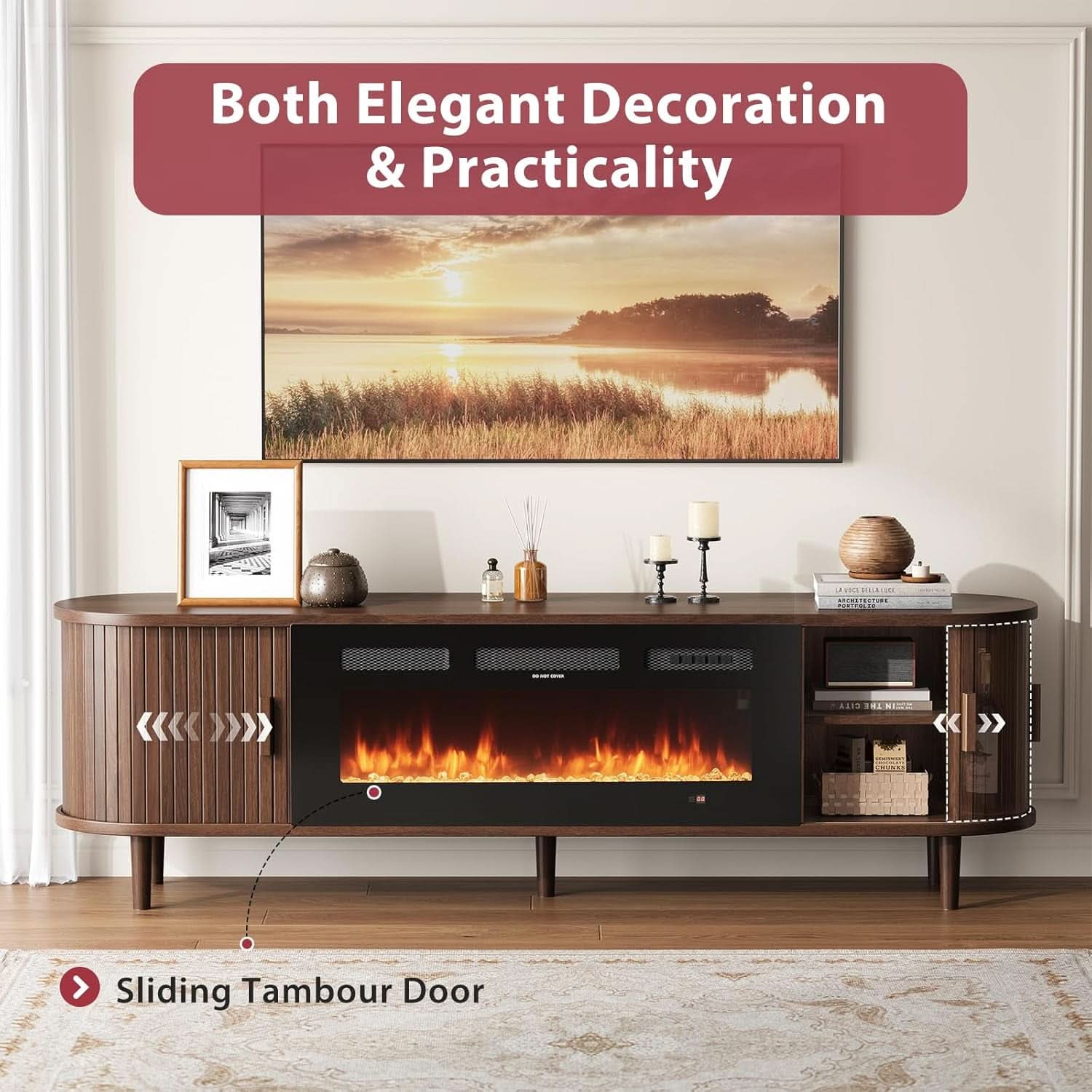 Seventy Inch Walnut TV Stand With Electric Fireplace-2