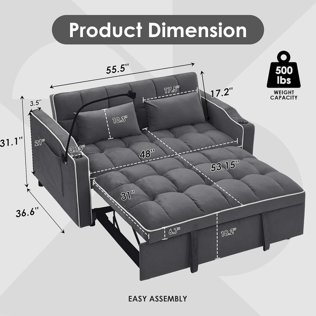 Velvet Charcoal Gray Adjustable Convertible Sleeper Sofa-1