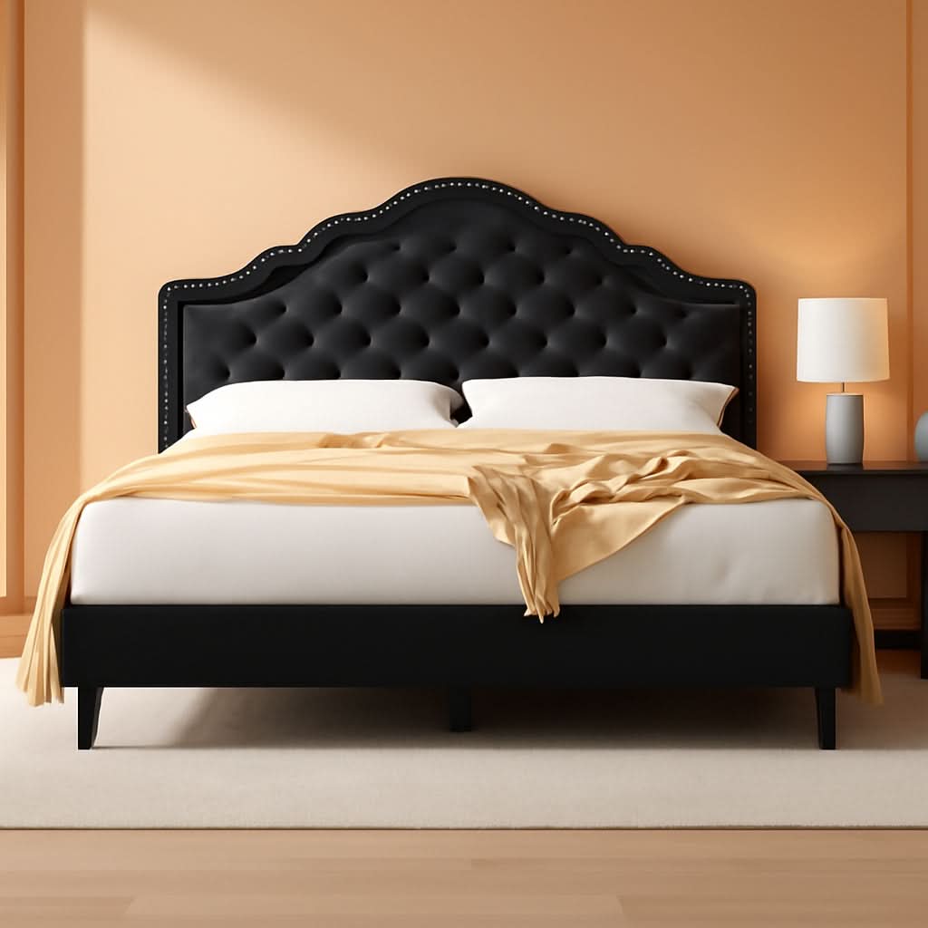 Queen Bed Frame With Adjustable Headboard BlackVelvet-0