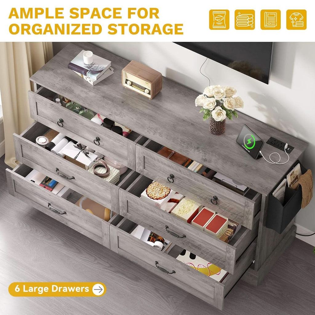 Grey Farmhouse 6 Drawer Dresser 59 Inch Wide With Air Purifier-3